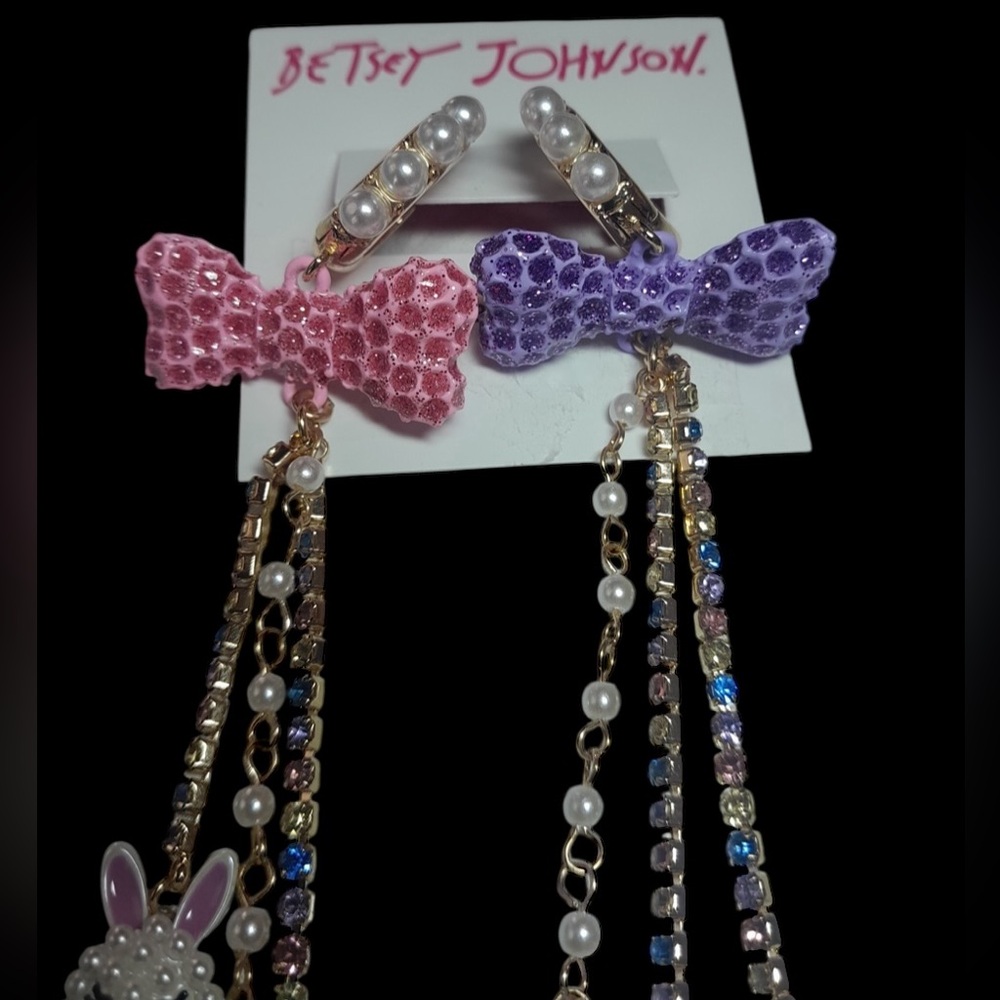 BETSEY JOHNSON Easter Holiday Spring Bunny Rabbit Eggs Dangling Earrings NEW NWT - Picture 2 of 8
